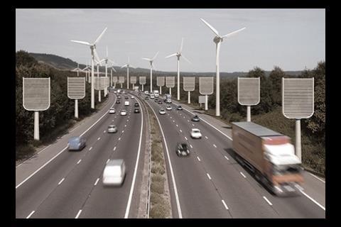 Artificial trees and wind turbines along motorway